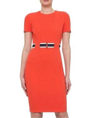 Akris Punto Short Sleeve Belted Nautical Sheath Dress - Orange Sz 6